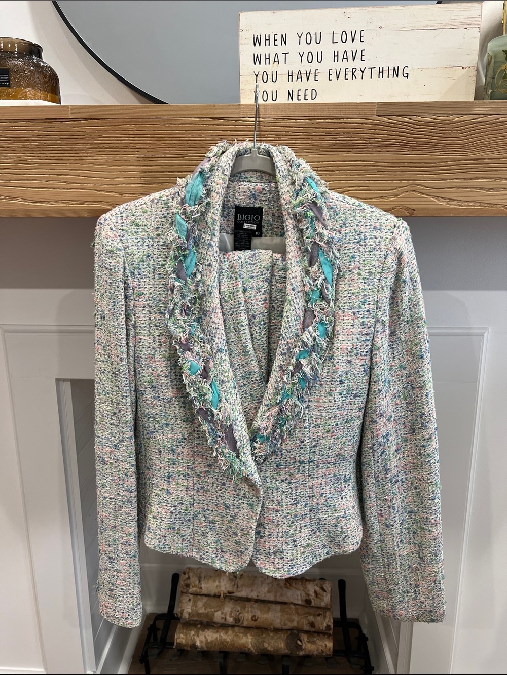 Bigio Collection Pastel Tweed Blazer with Fringe Trim